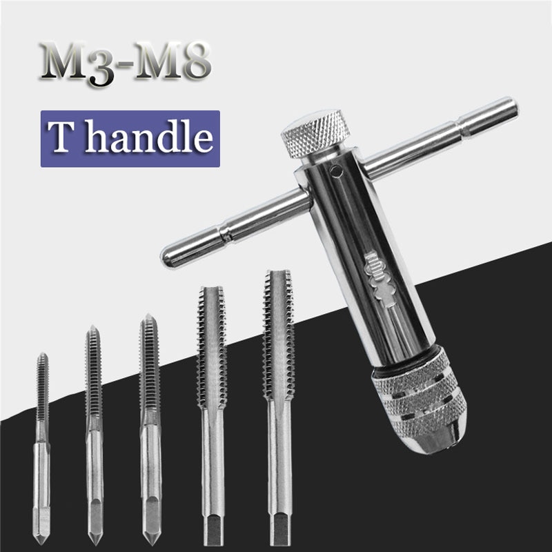 KOOTANS Ratchet T Handle Tap Wrench + 5pcs M3 M4 M5 M6 M8 Machine Screw  Metric Thread Milling Plug T-shape Taps Set, Both Way Hand Tap Set  Adjustable